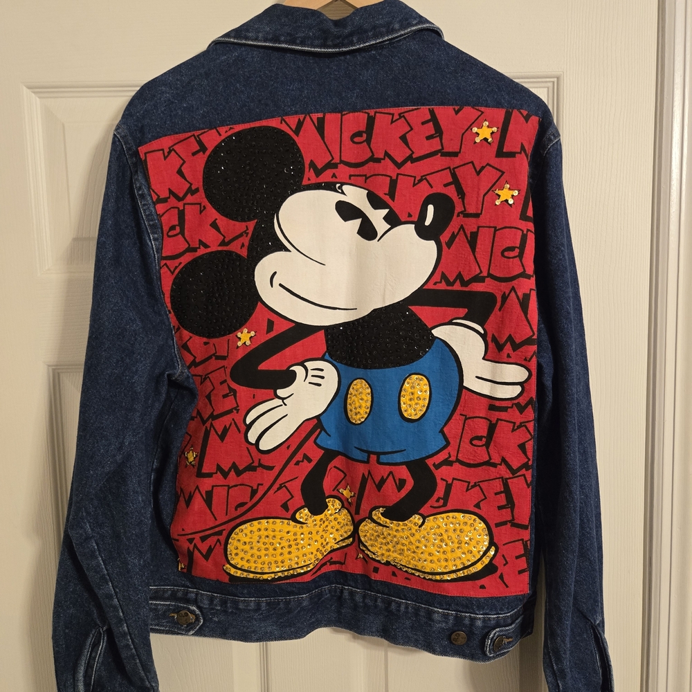 Vintage Disney Blue Denim Jacket With Mickey Mouse Sequins Size Large